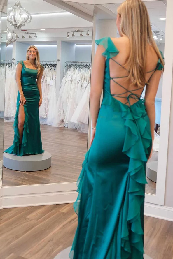 Green Mermaid Straps Scoop Pleated High Slit Long Prom Formal Dress