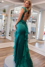 Green Mermaid Straps Scoop Pleated High Slit Long Prom Formal Dress