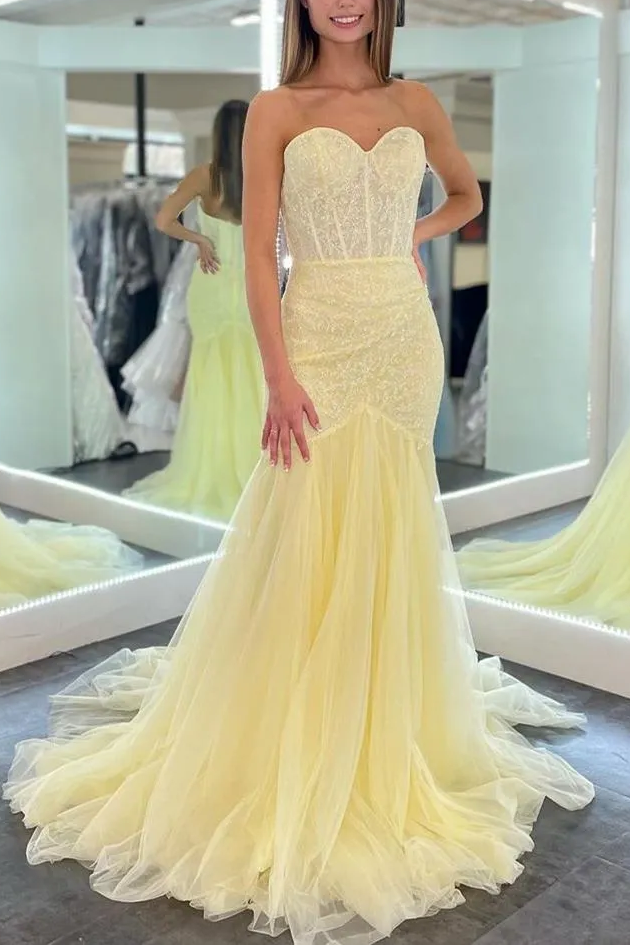 Yellow Mermaid Strapless Sweetheart Appliques Tulle Long Prom Dress