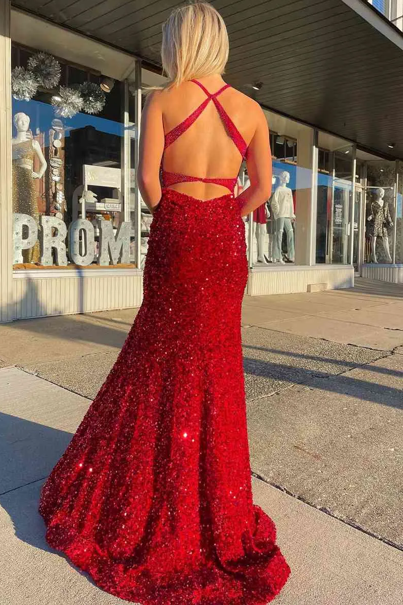 Red Halter V-Neck Sequined Mermaid Sleeveless Prom Dress with Slit