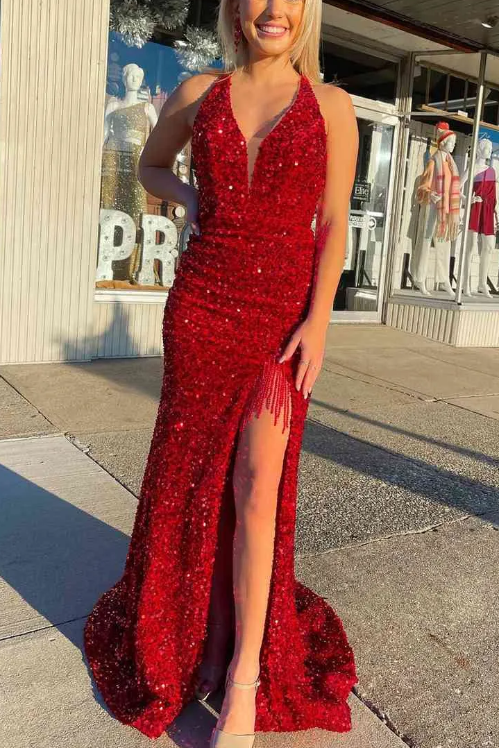 Red Halter V-Neck Sequined Mermaid Sleeveless Prom Dress with Slit