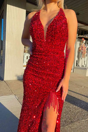 Red Halter V-Neck Sequined Mermaid Sleeveless Prom Dress with Slit