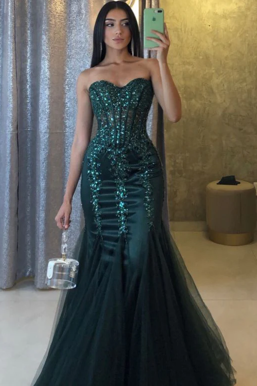 Strapless Sweetheart Mermaid Appliques Tulle Long Prom Formal Dress