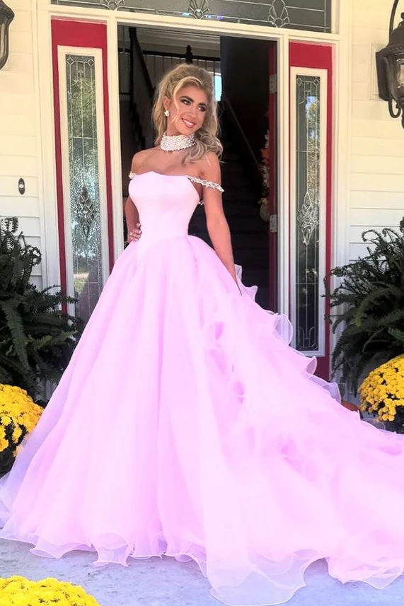 Pink Off-Shoulder Ruched Beads Ball Gown Princess Prom Formal Dress