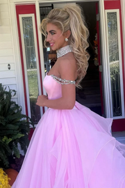 Pink Off-Shoulder Ruched Beads Ball Gown Princess Prom Formal Dress