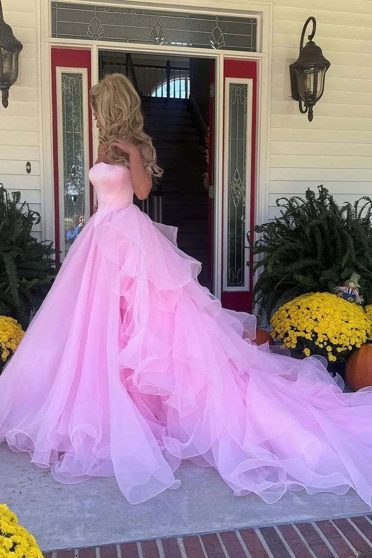 Pink Off-Shoulder Ruched Beads Ball Gown Princess Prom Formal Dress