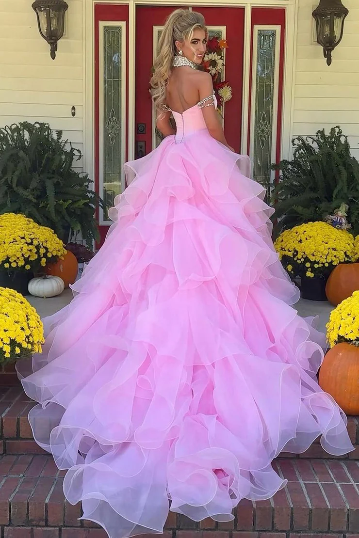 Pink Off-Shoulder Ruched Beads Ball Gown Princess Prom Formal Dress