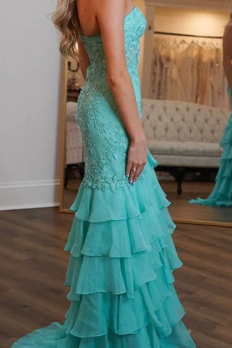 Strapless Scoop Mermaid Appliques Tiered Chiffon Long Prom Dress