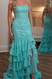 Strapless Scoop Mermaid Appliques Tiered Chiffon Long Prom Dress