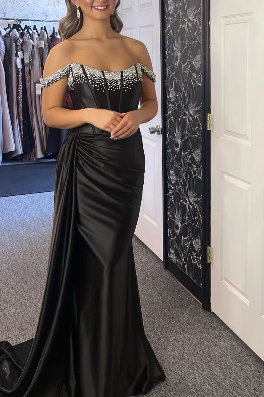 Black Off-Shoulder Beads Mermaid Long Formal Prom Dress with Train