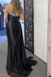 Black Off-Shoulder Beads Mermaid Long Formal Prom Dress with Train