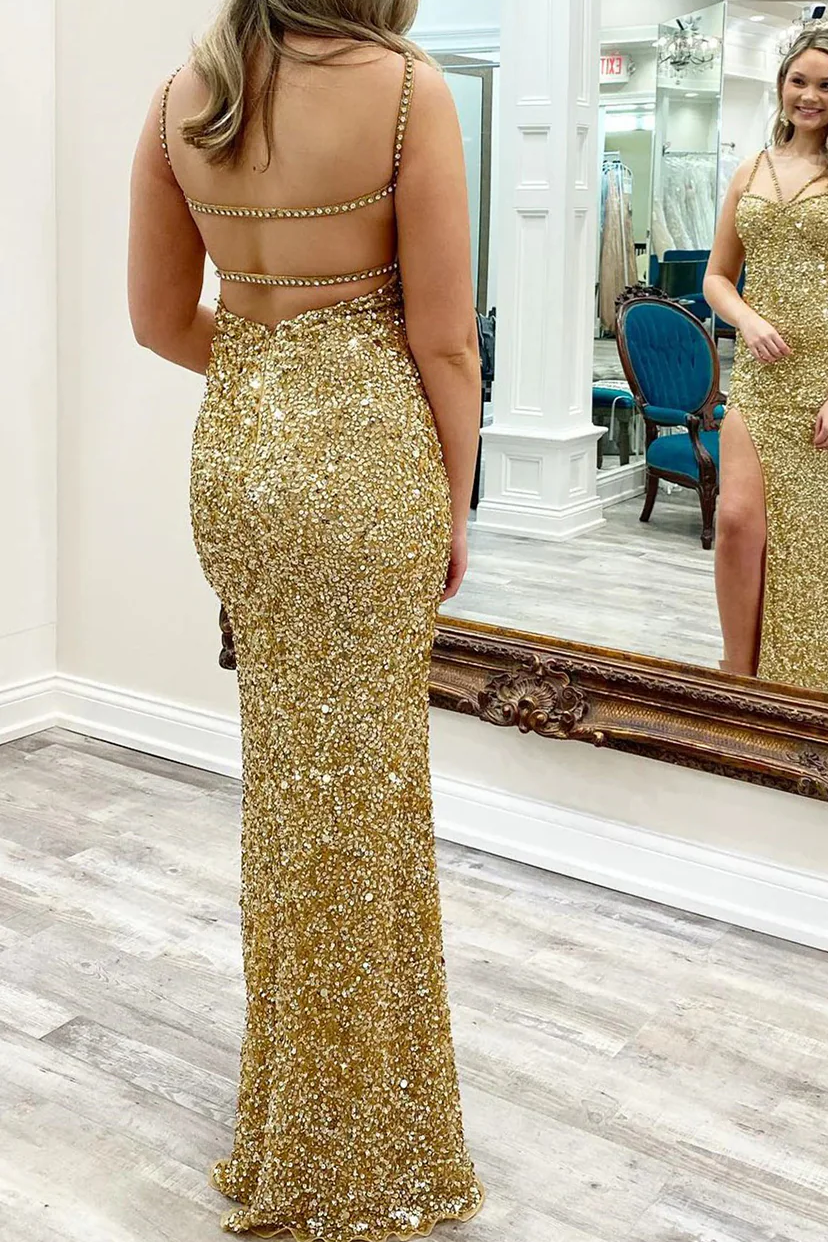 Gold Sparkly Sequined Mermaid Sleeveless Long Prom Dress with Slit