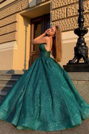 Green A-Line V-Neck Glitter Spaghetti Straps Formal Prom Dress