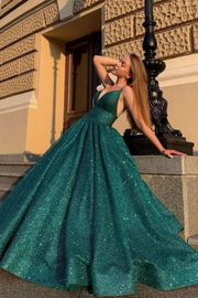 Green A-Line V-Neck Glitter Spaghetti Straps Formal Prom Dress