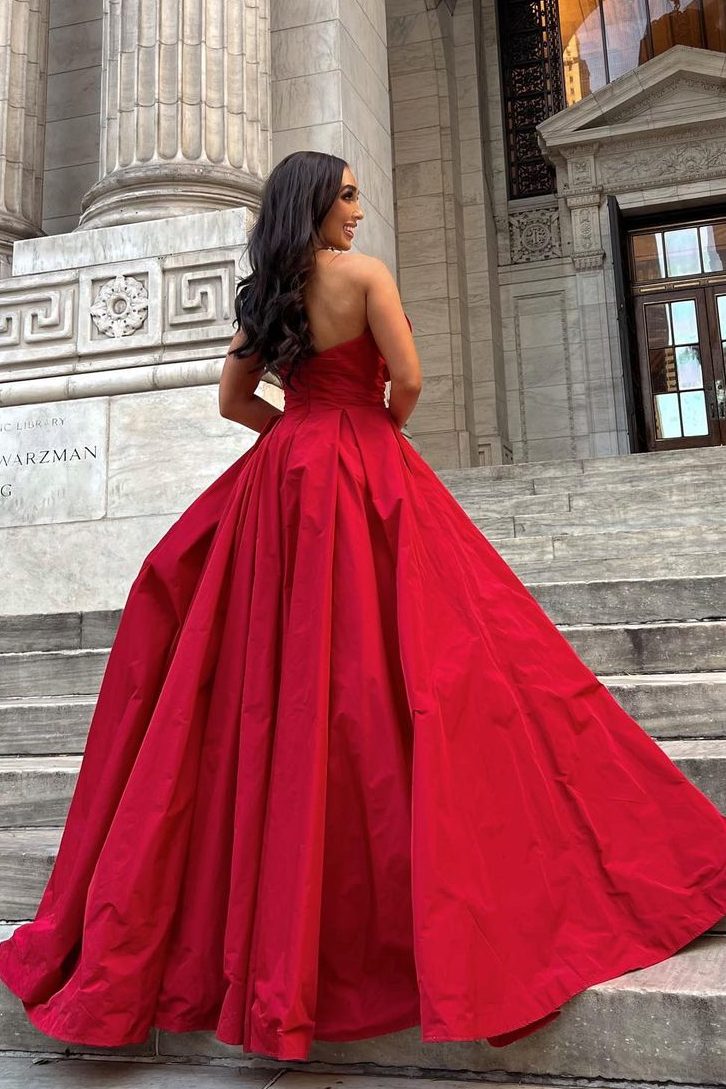 Red Strapless A-Line Empire-Waist Sleeveless Satin Formal Prom Dress