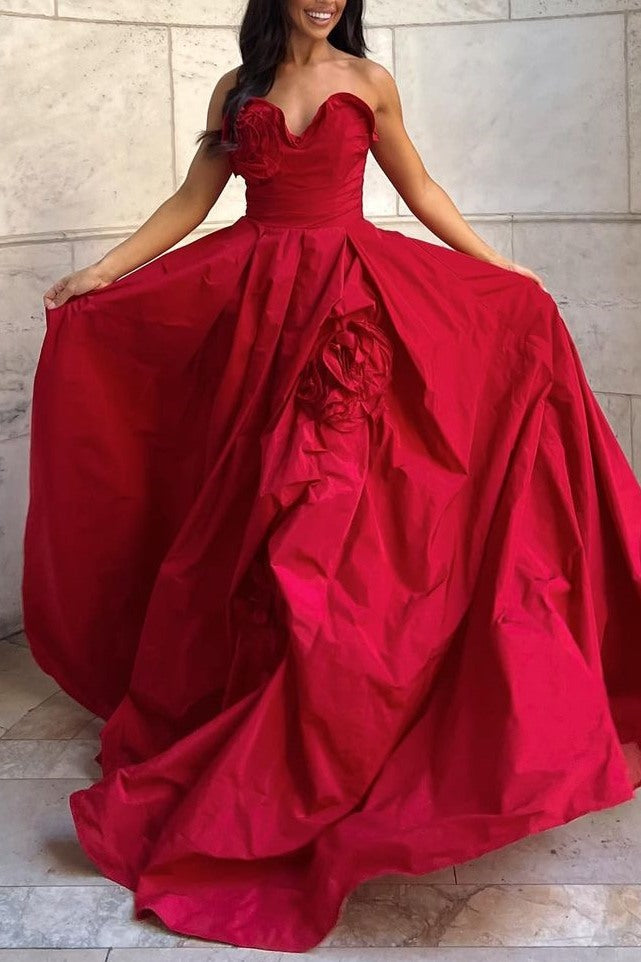 Red Strapless A-Line Empire-Waist Sleeveless Satin Formal Prom Dress