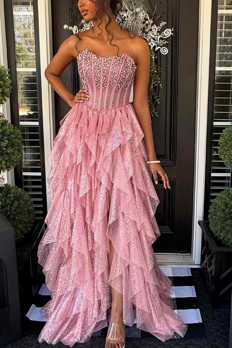 A-Line Strapless Beads Empire-Waist Layered Long Formal Prom Dress wit Modsele A-Line Strapless Beads Empire-Waist Layered Long Formal Prom Dress wit Modsele