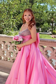 Pink Spaghetti Straps Beads Empire-Waist Pleated Formal Prom Dress with Bow