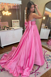 Pink Spaghetti Straps Beads Empire-Waist Pleated Formal Prom Dress with Bow