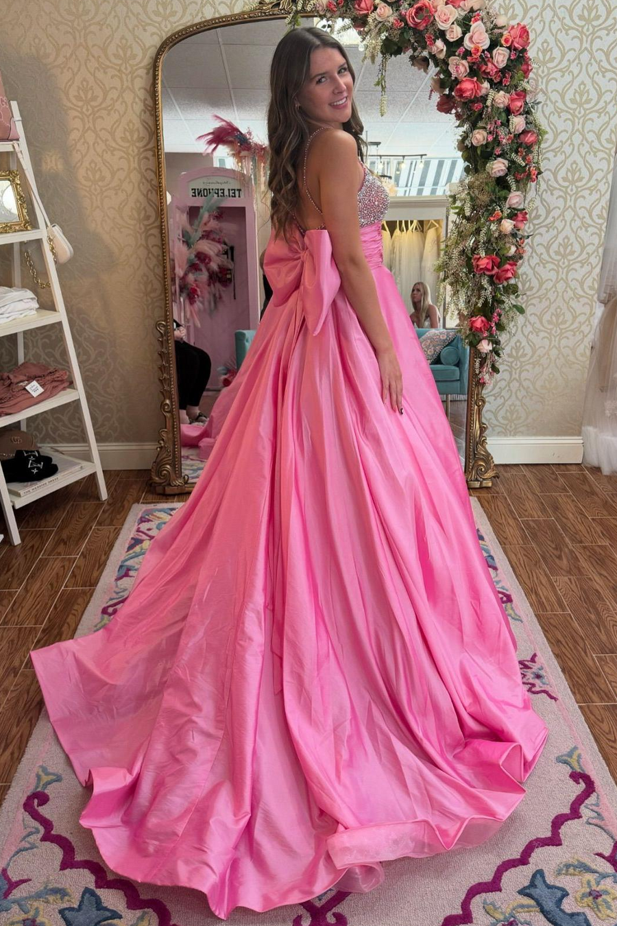 Pink Spaghetti Straps Beads Empire-Waist Pleated Formal Prom Dress with Bow