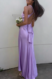 Halter V-Neck Pleated Satin Sleeveless Long Prom Party Dress