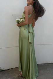 Halter V-Neck Pleated Satin Sleeveless Long Prom Party Dress