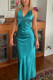 Halter V-Neck Pleated Satin Sleeveless Long Prom Party Dress