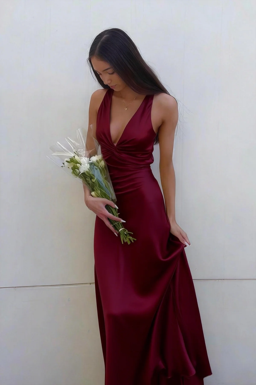 Halter V-Neck Pleated Satin Sleeveless Long Prom Party Dress
