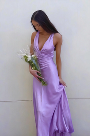 Halter V-Neck Pleated Satin Sleeveless Long Prom Party Dress
