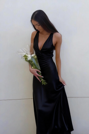 Halter V-Neck Pleated Satin Sleeveless Long Prom Party Dress