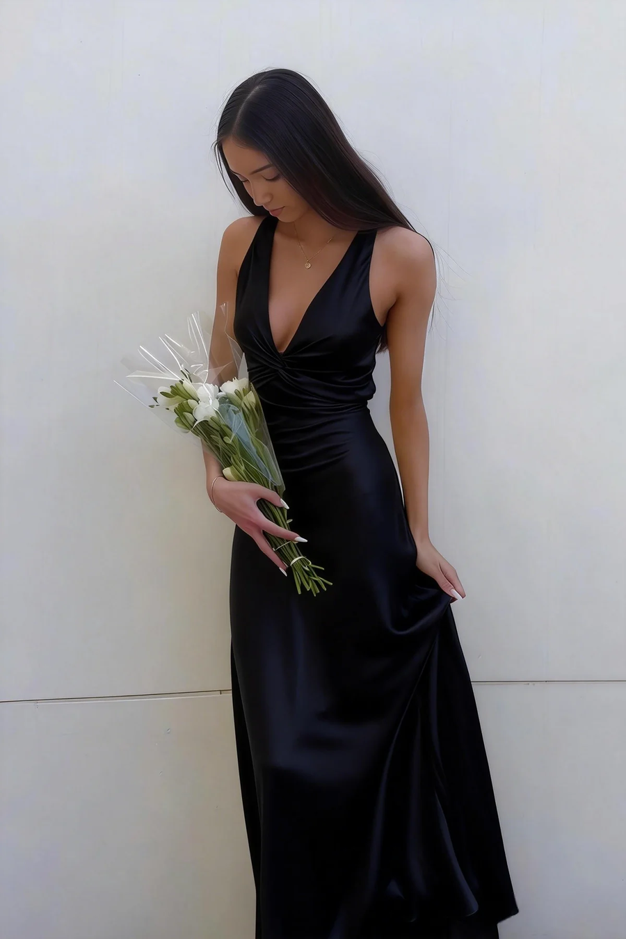 Halter V-Neck Pleated Satin Sleeveless Long Prom Party Dress