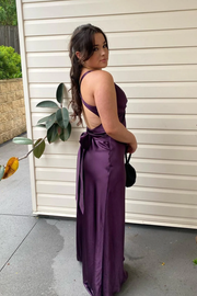 Halter V-Neck Pleated Satin Sleeveless Long Prom Party Dress