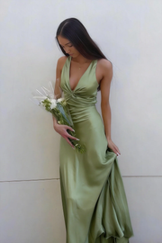 Halter V-Neck Pleated Satin Sleeveless Long Prom Party Dress