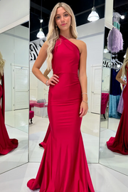 One Shoulder Red Mermaid Sleeveless Satin Long Prom Dress