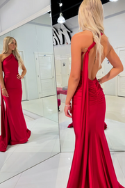 One Shoulder Red Mermaid Sleeveless Satin Long Prom Dress