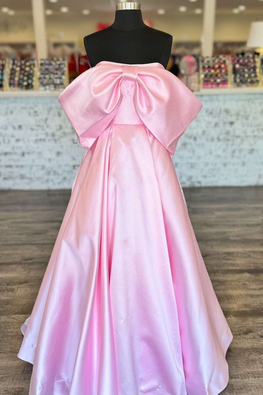 Pink Strapless Big Bow A-Line Satin Pleated Long Prom Dress Modsele Pink Strapless Big Bow A-Line Satin Pleated Long Prom Dress Modsele