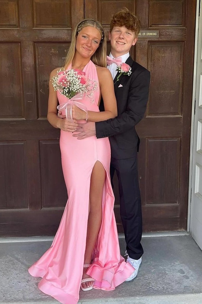 Pink Halter Mermaid Satin Pleated Sleeveless Long Prom Dress with Slit