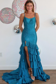 Mermaid Spaghetti Straps Rhinestone Ruffles Long Prom Dress with Slit