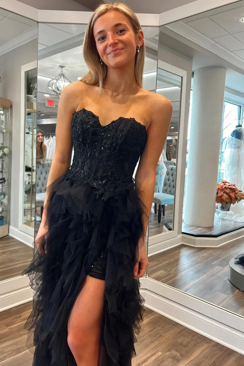 Black Strapless Sweetheart Ruffles Tulle High Slit Prom Formal Dress