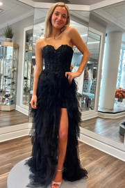 Black Strapless Sweetheart Ruffles Tulle High Slit Prom Formal Dress