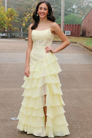 Spaghetti Straps Appliques A-Line Layered Chiffon Prom Dress with Slit