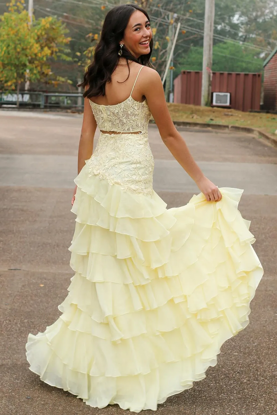 Spaghetti Straps Appliques A-Line Layered Chiffon Prom Dress with Slit