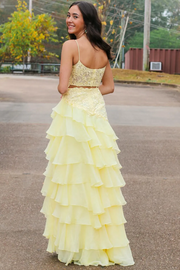 Spaghetti Straps Appliques A-Line Layered Chiffon Prom Dress with Slit