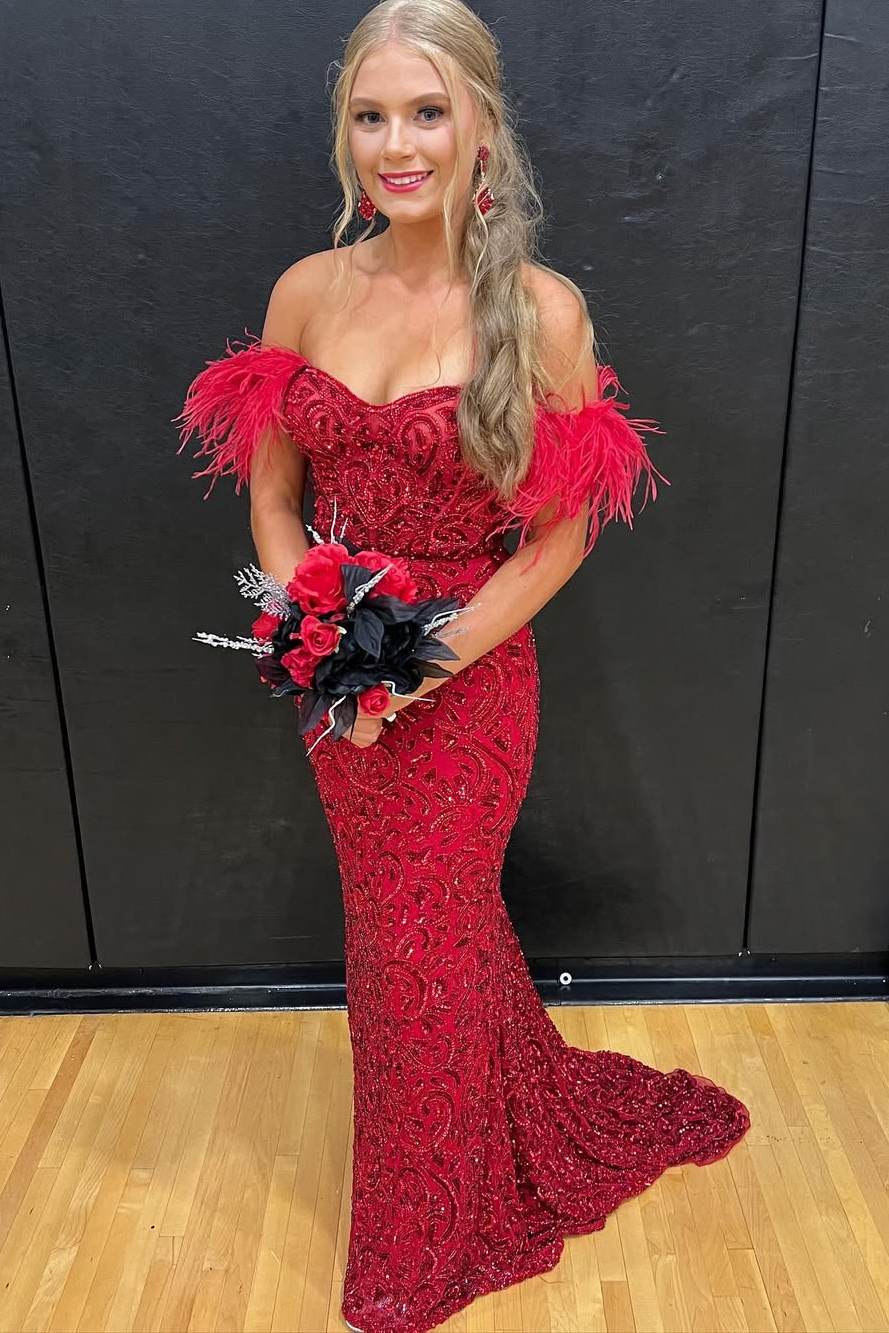 strapless open back dress Red Satin Off Shoulder Sexy Slit Mermaid Prom Homecoming Dress main image 0