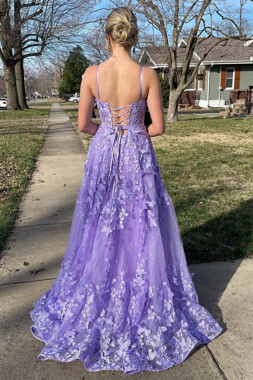 Lavender Spaghetti Straps A-Line 3D Floral Sleeveless Long Prom Dress