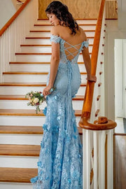 Stunning Off-Shoulder Lace Appliques Mermaid Long Prom Dress with Slit