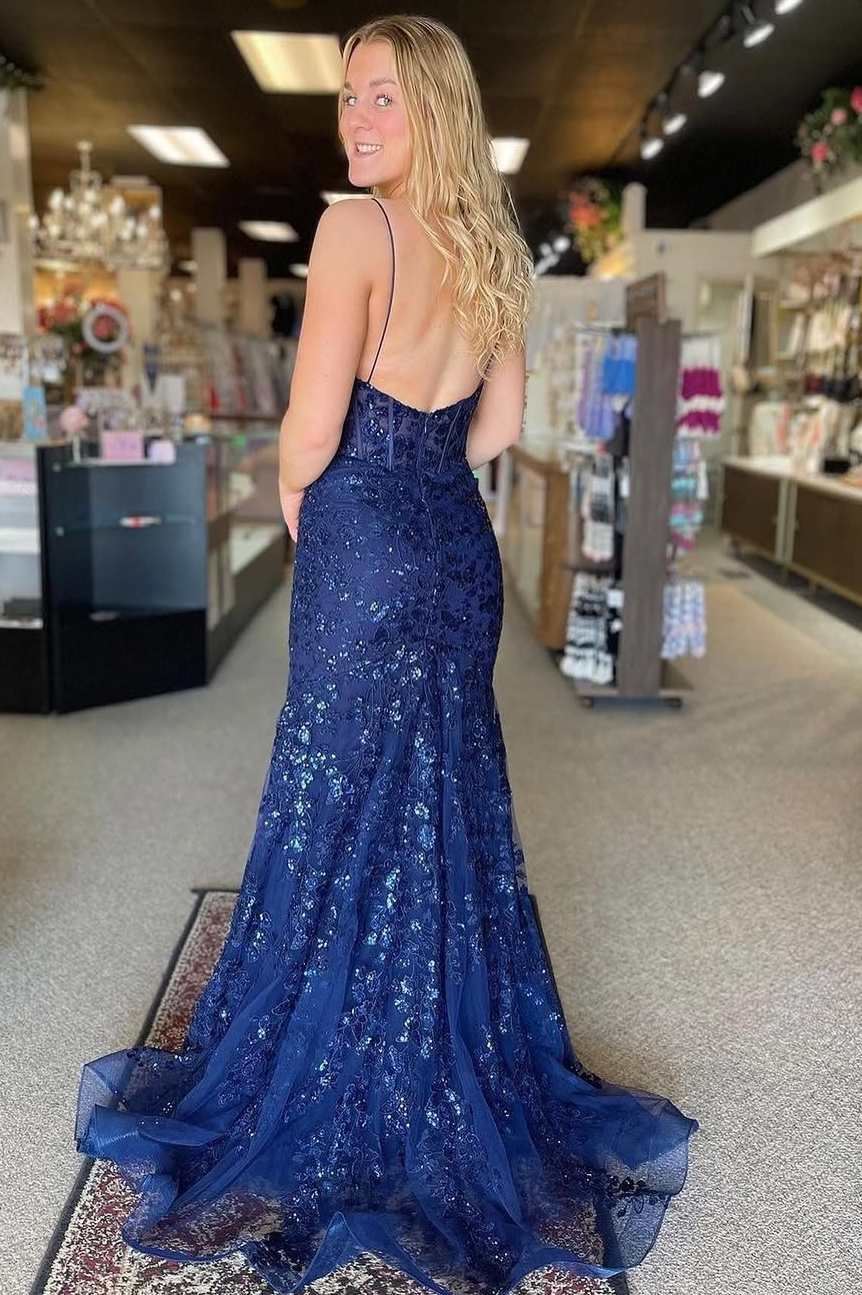 Navy Blue Spaghetti Straps V-Neck Appliques Mermaid  Long Prom Dress