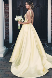 Yellow A-Line V-Neck Empire-Waist Sleeveless Satin Formal Prom Dress