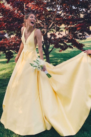 Yellow A-Line V-Neck Empire-Waist Sleeveless Satin Formal Prom Dress