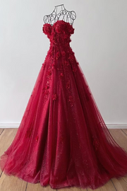 A-Line Strapless Sweetheart Appliques Tulle Long Formal Prom Dress